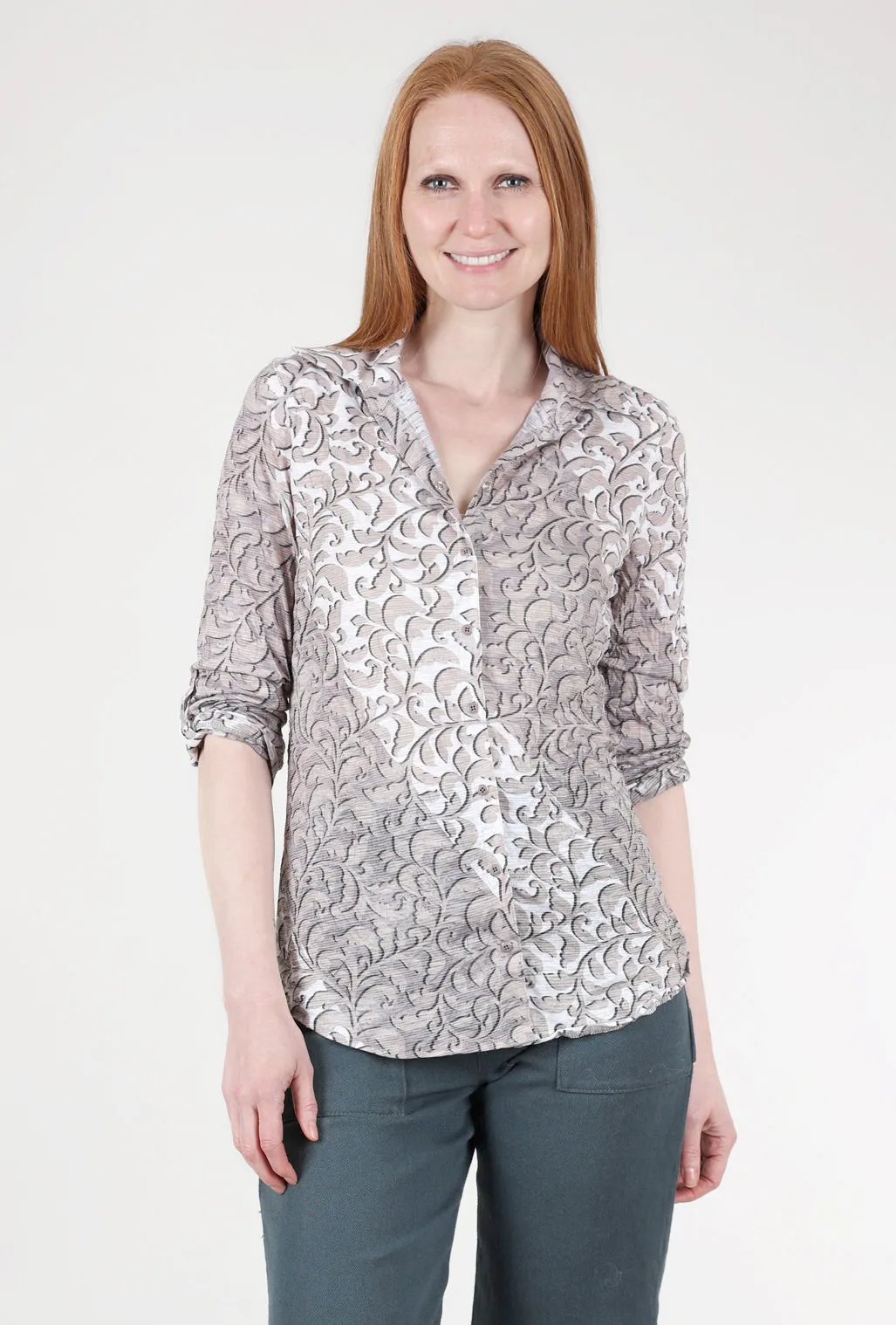 Roll-Up Sleeve Crinkle Shirt, Earth Print Short Sleeve