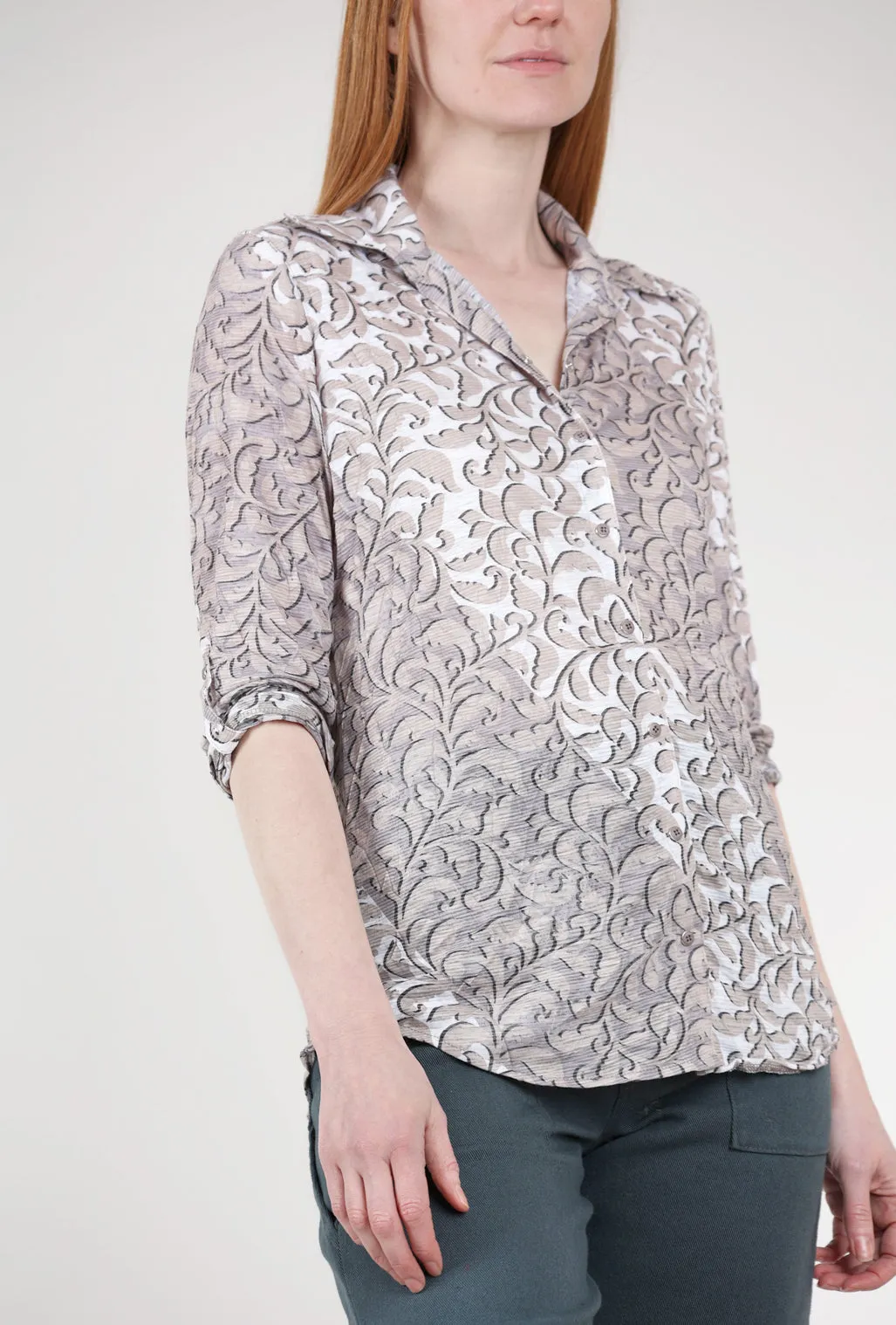 Timeless Appeal Roll-Up Sleeve Crinkle Shirt, Earth Print