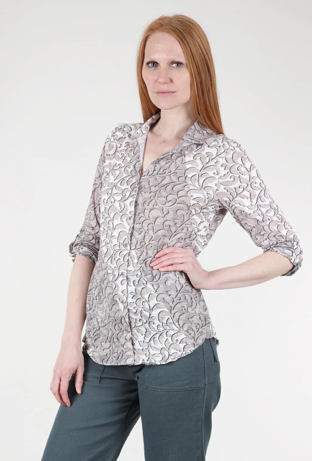 Timeless Appeal Roll-Up Sleeve Crinkle Shirt, Earth Print