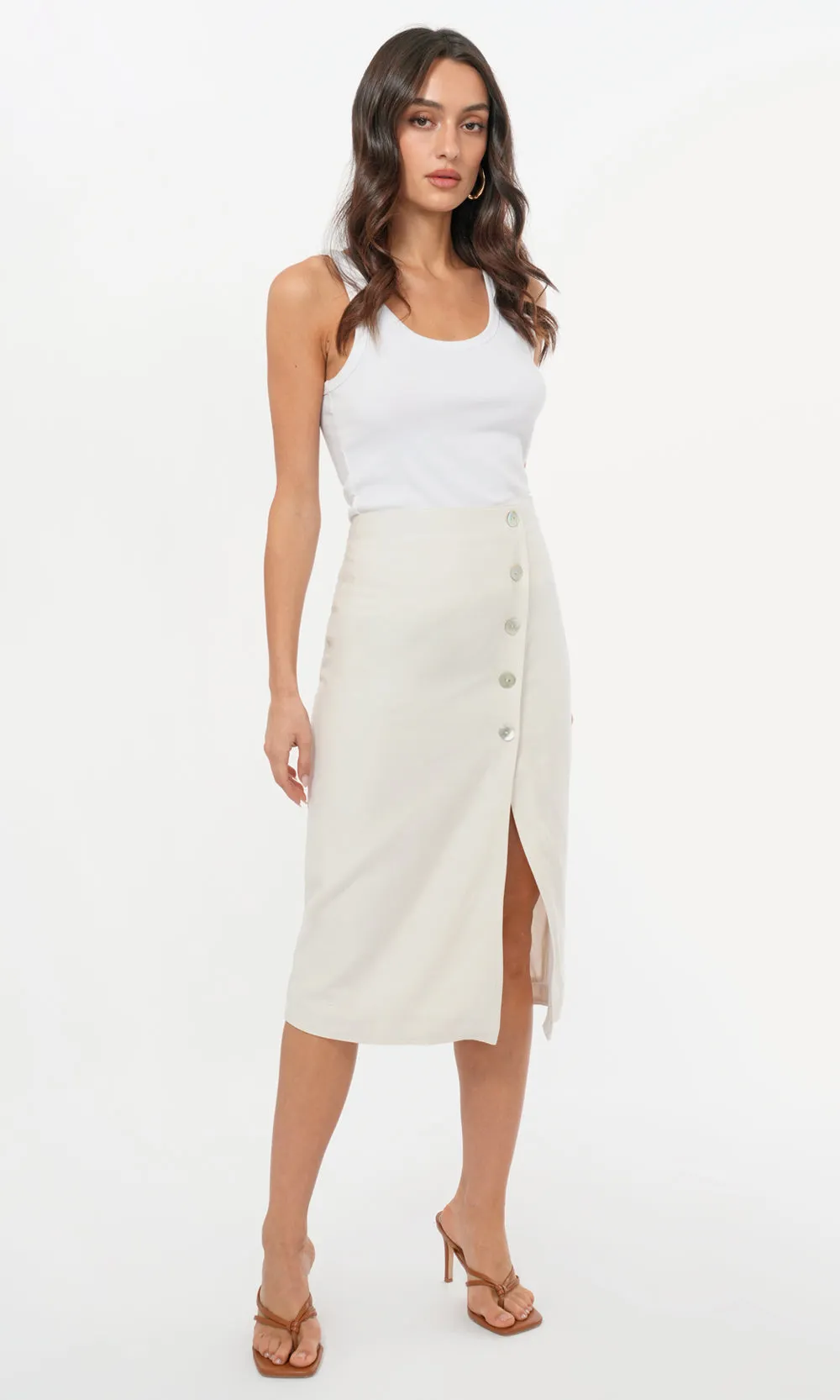 Wesly Linen Blend Button Front Pencil Midi Skirt