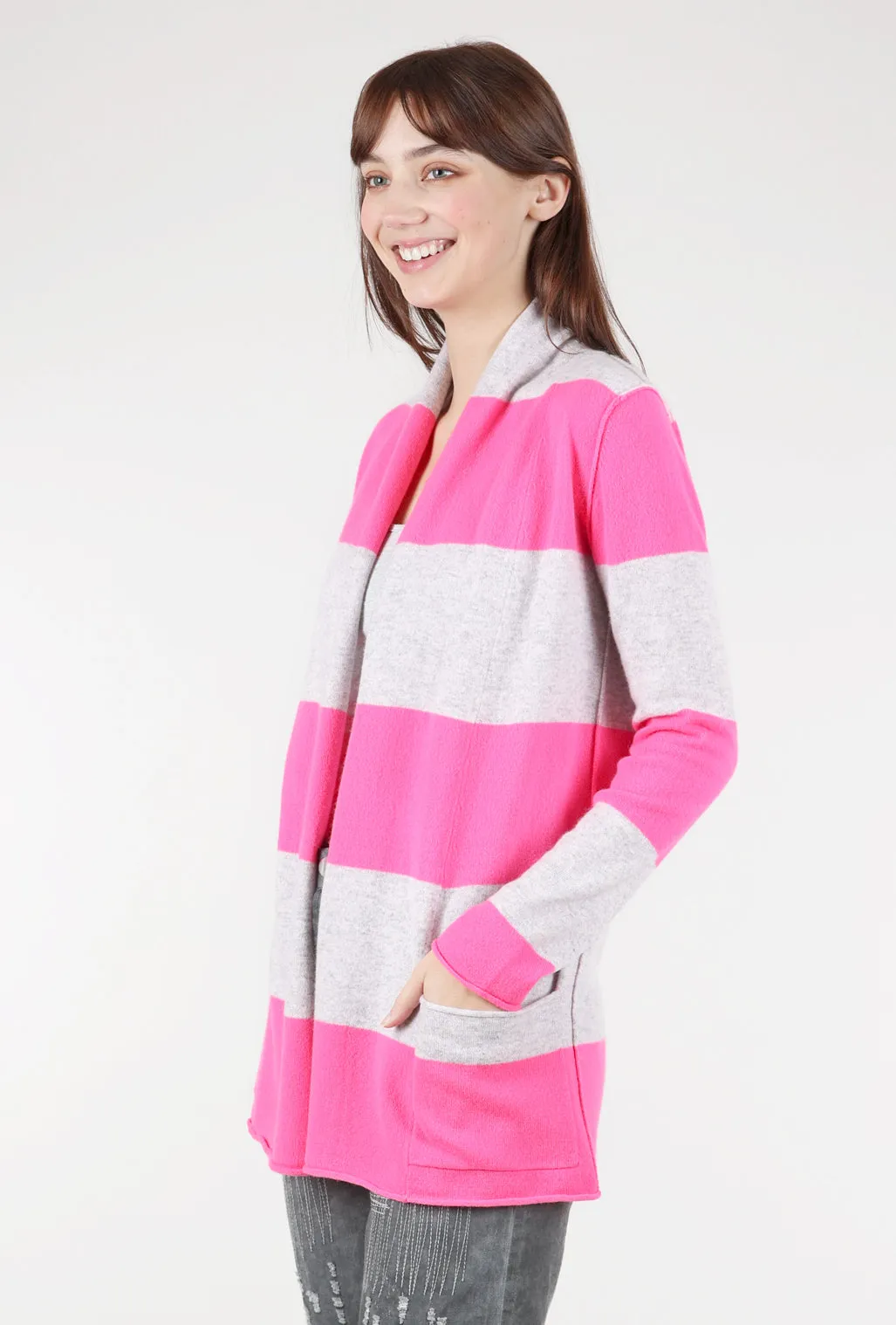 Trendy Fashion Striped Cashmere Open Cardie, Neon Pink/Gray