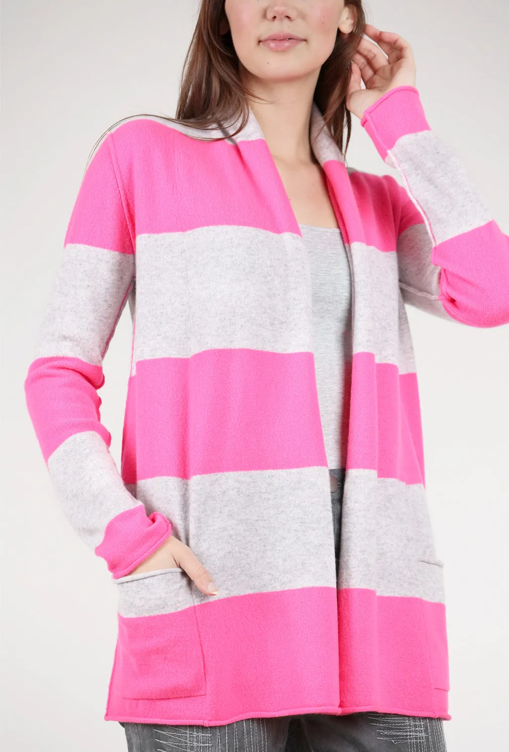 Trendy Fashion Striped Cashmere Open Cardie, Neon Pink/Gray