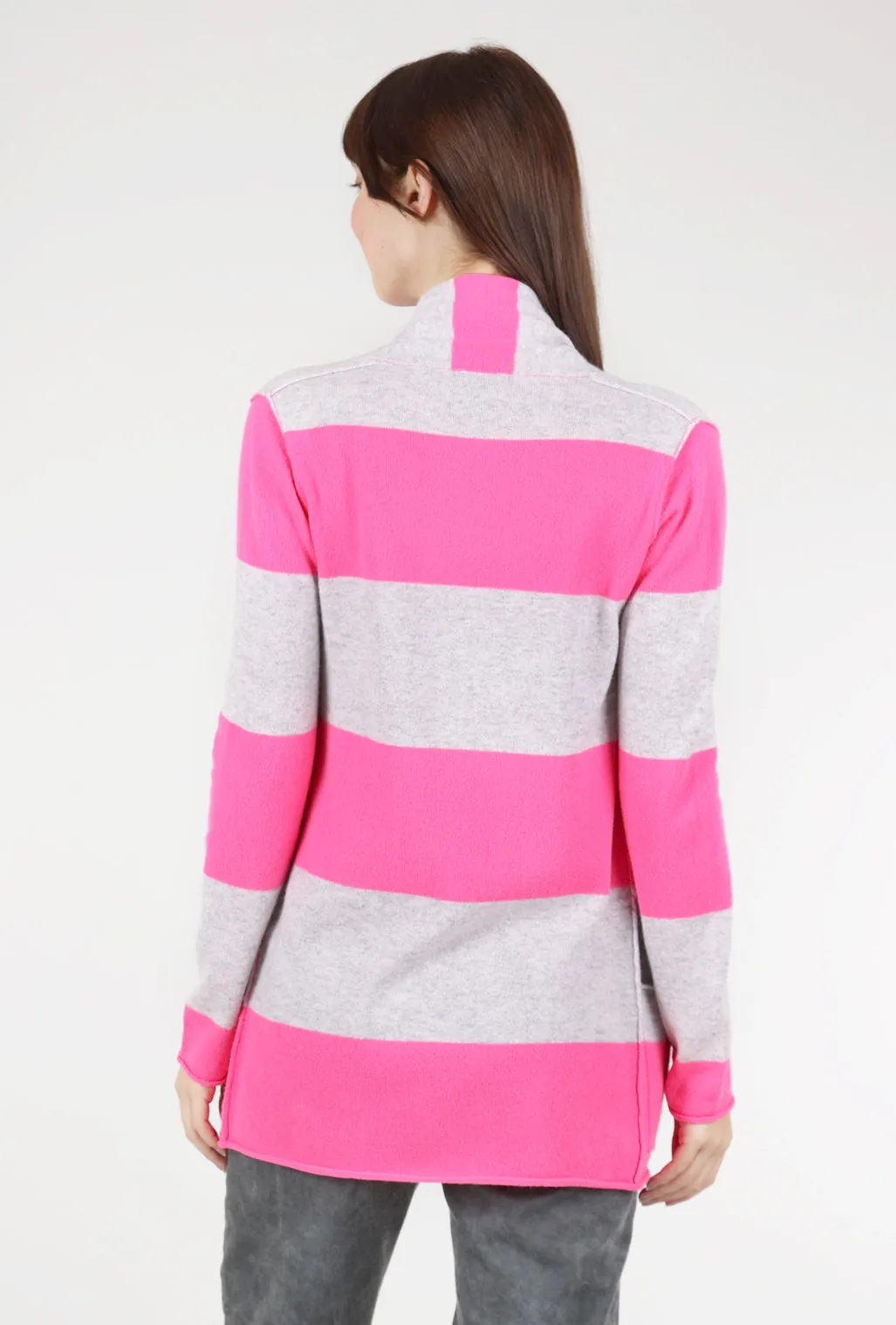 Trendy Fashion Striped Cashmere Open Cardie, Neon Pink/Gray