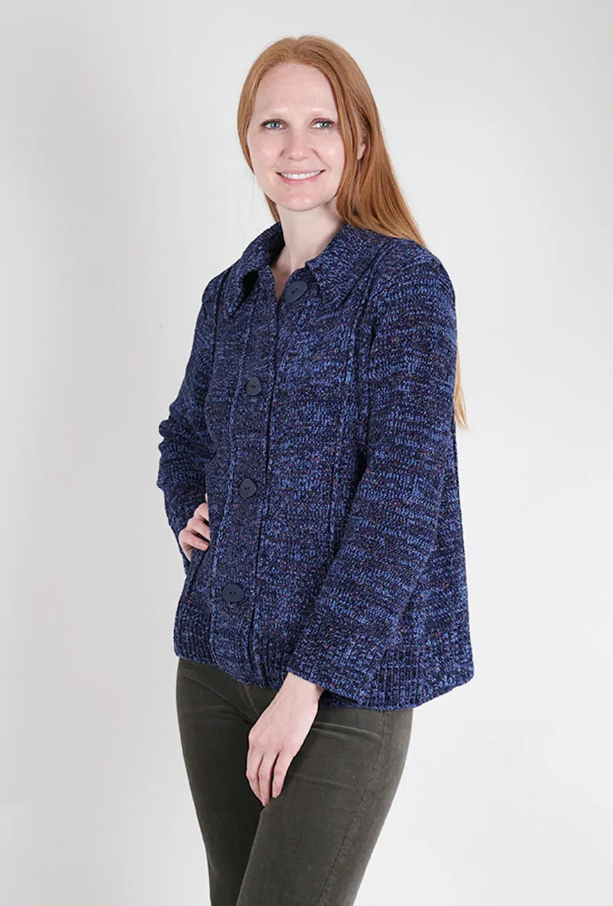 Tweedy Chenille Cardigan, Navy Wool Warm