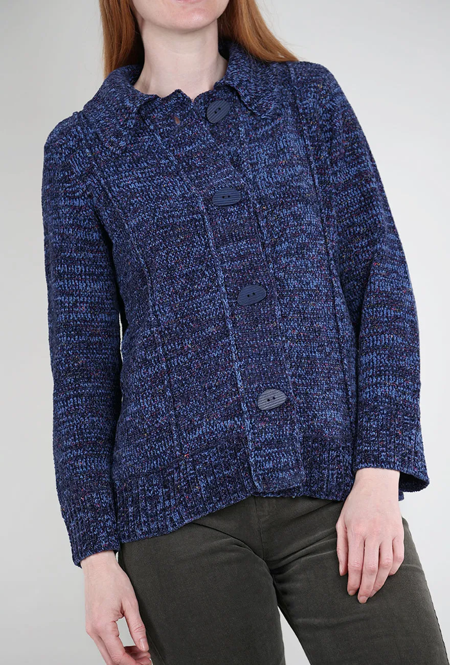 Tweedy Chenille Cardigan, Navy Wool Warm