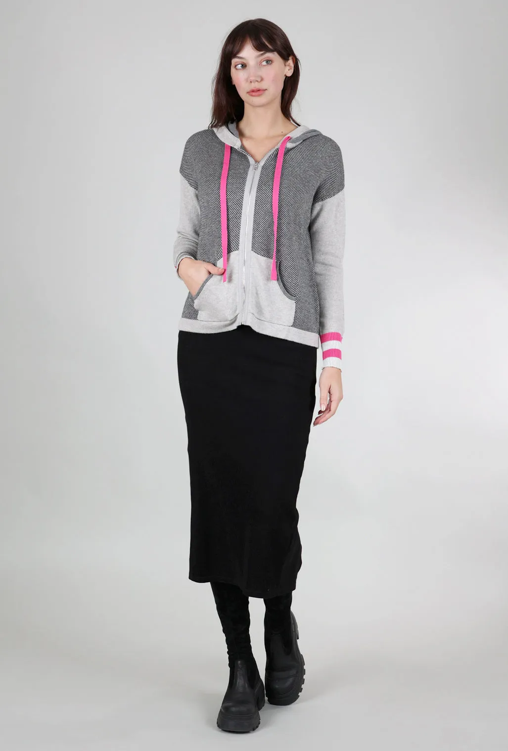 Unlined Feel Birdseye Sweater Hoodie, Gray/Pink