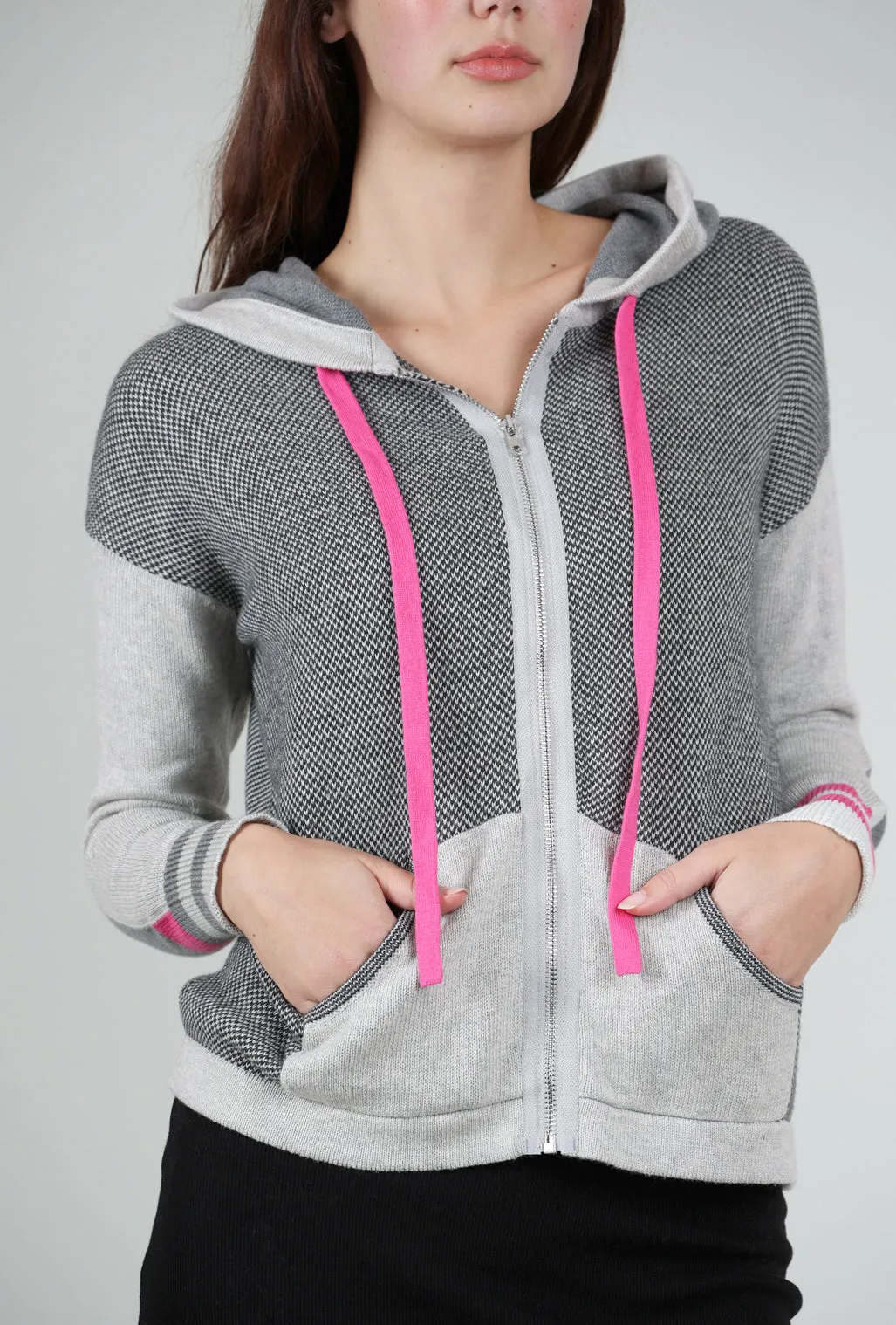 Unlined Feel Birdseye Sweater Hoodie, Gray/Pink