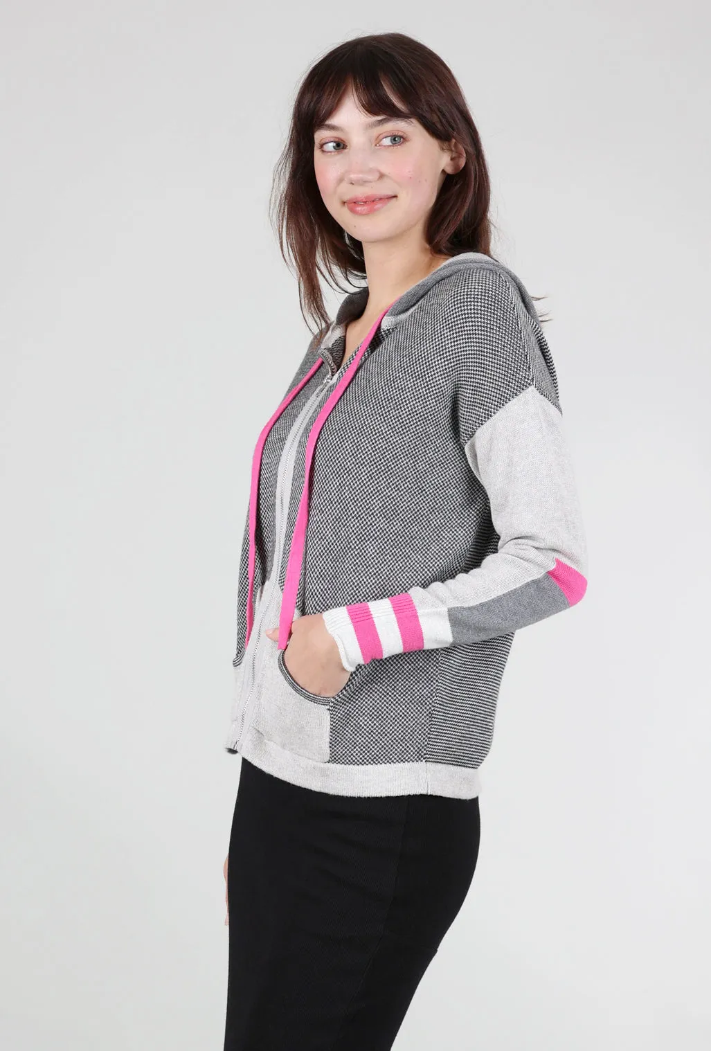 Unlined Feel Birdseye Sweater Hoodie, Gray/Pink