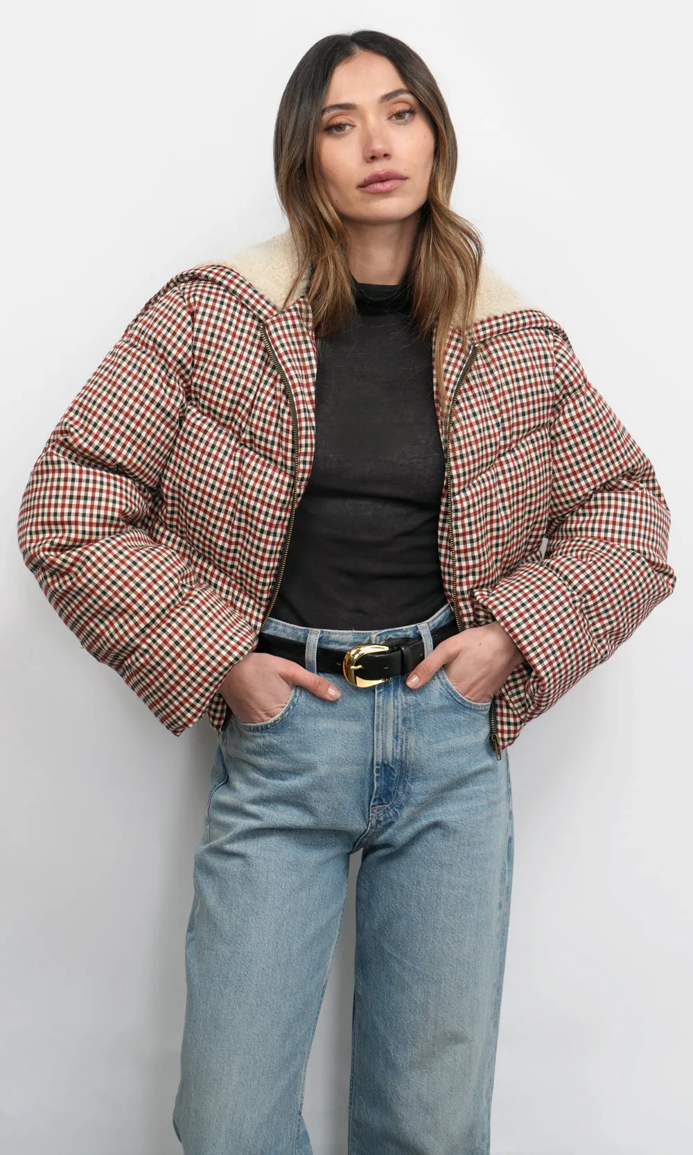Sally Gingham Puffer w/ ShearlingCollar G258J1806