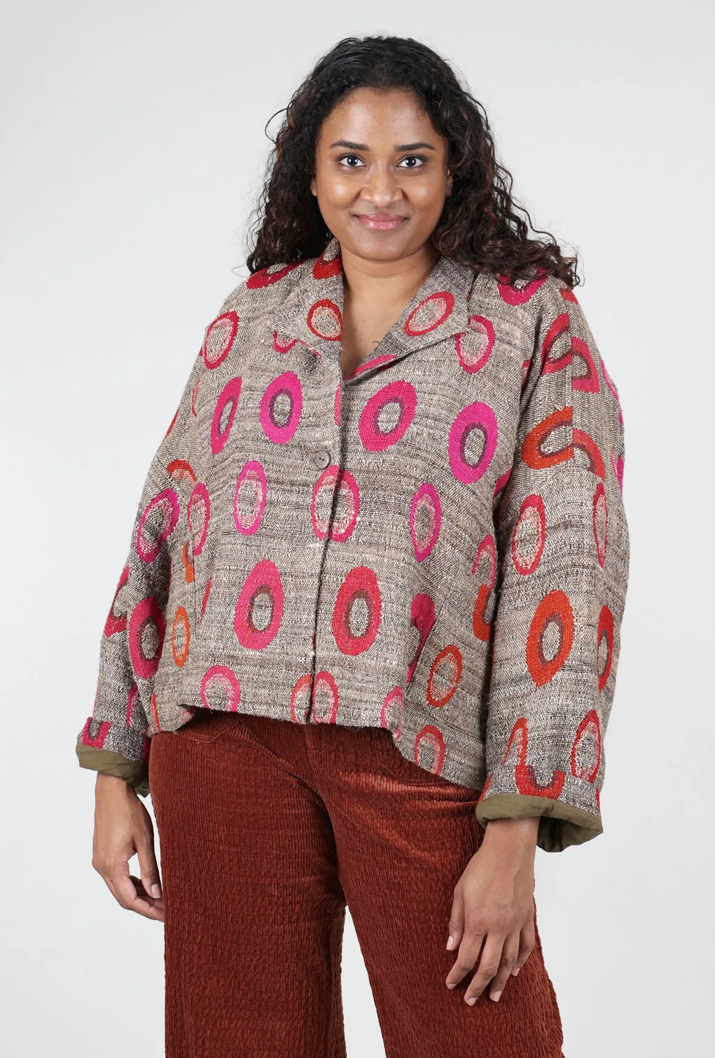 Soft Texture Neutral Tone Wool Swing Annie Jacket, Khaki/Fuchsia
