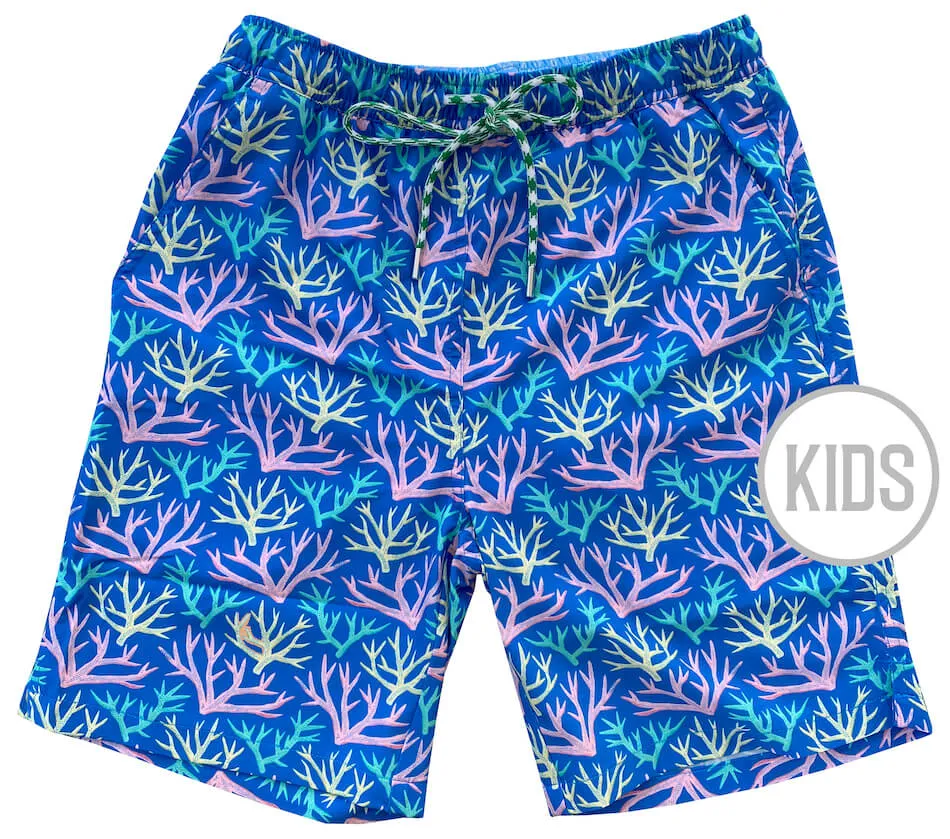 hikers Key Largo Coral: Kid's Swim Trunks - Blue