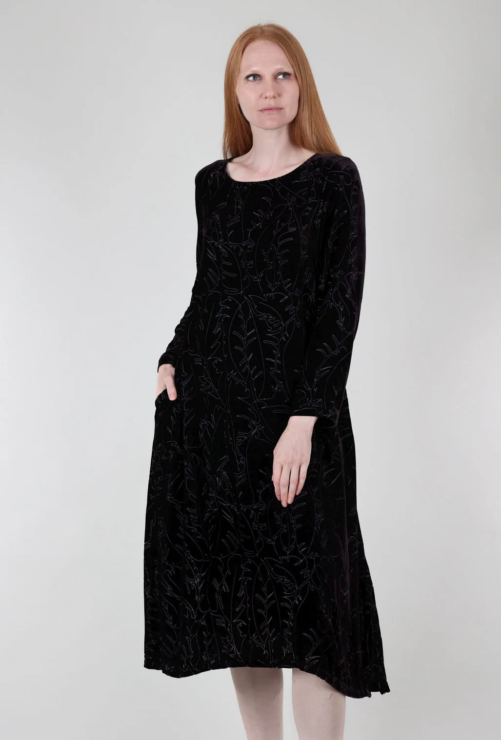 Velvet Burnout Ilene Dress, Black lightweight fabric Soft Detail