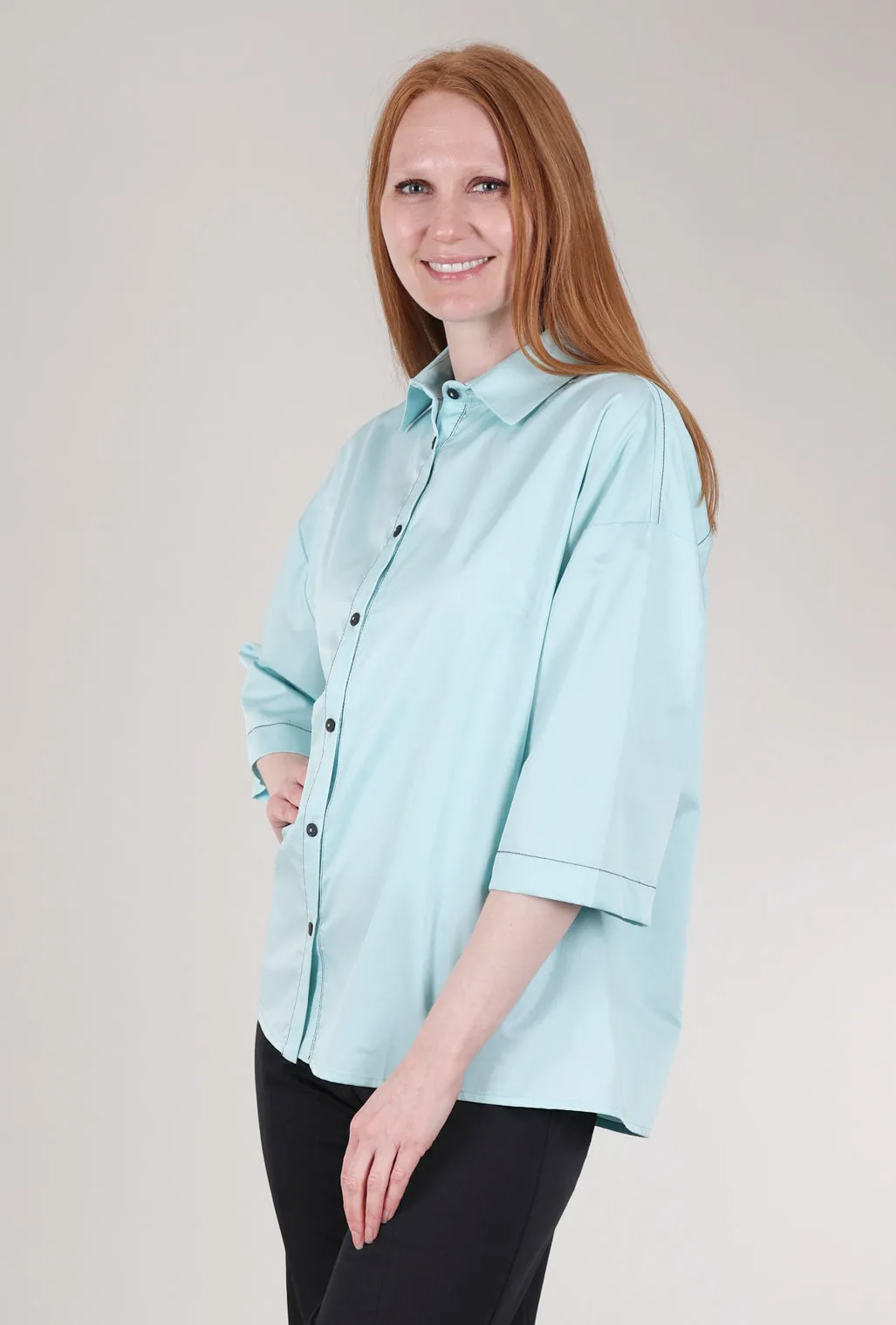 Versatile Comfort Peekaboo-Shoulder Crisp Shirt, Azure