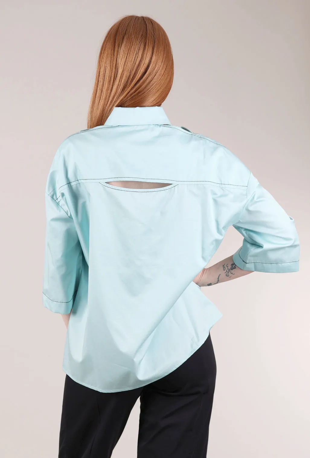 Versatile Comfort Peekaboo-Shoulder Crisp Shirt, Azure
