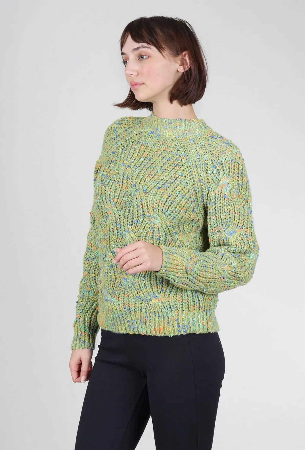 Versatile Style Confetti Knit Cable Sweater, Moss