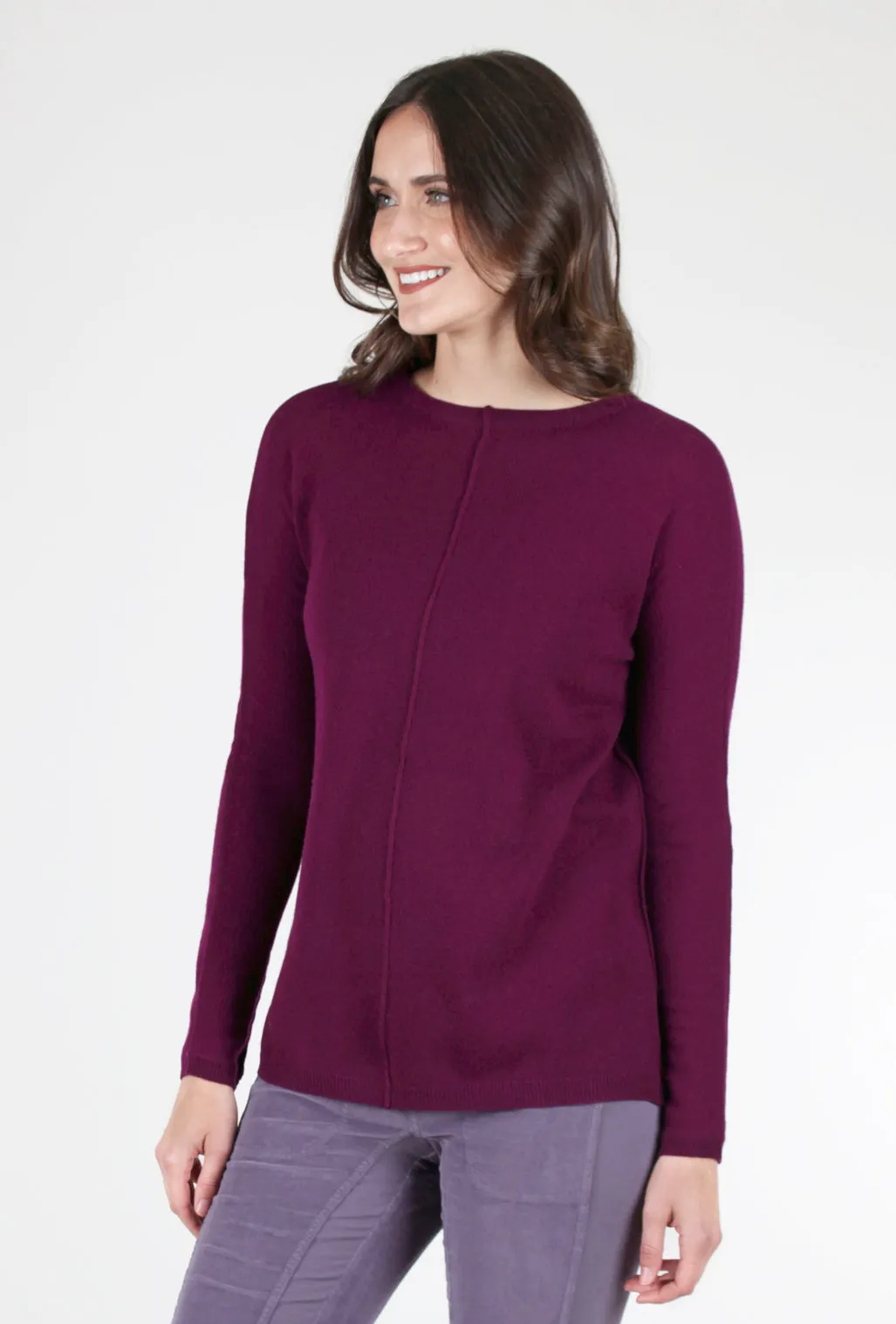 Versatile use Seamed Easy Cashmere Pullover, Plum