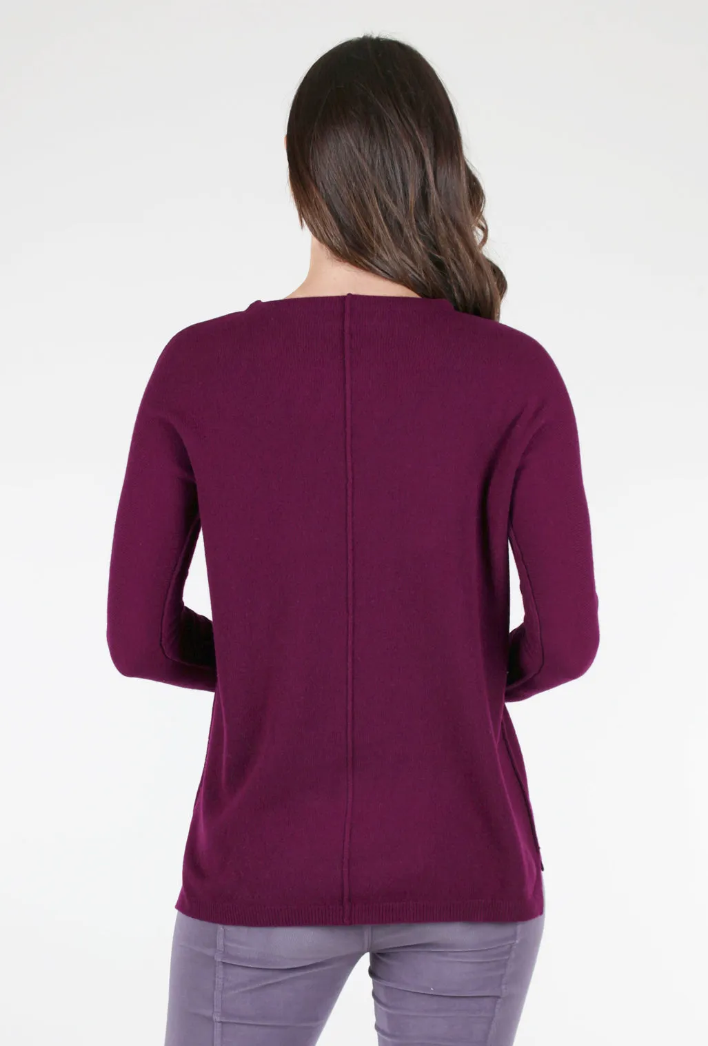 Versatile use Seamed Easy Cashmere Pullover, Plum