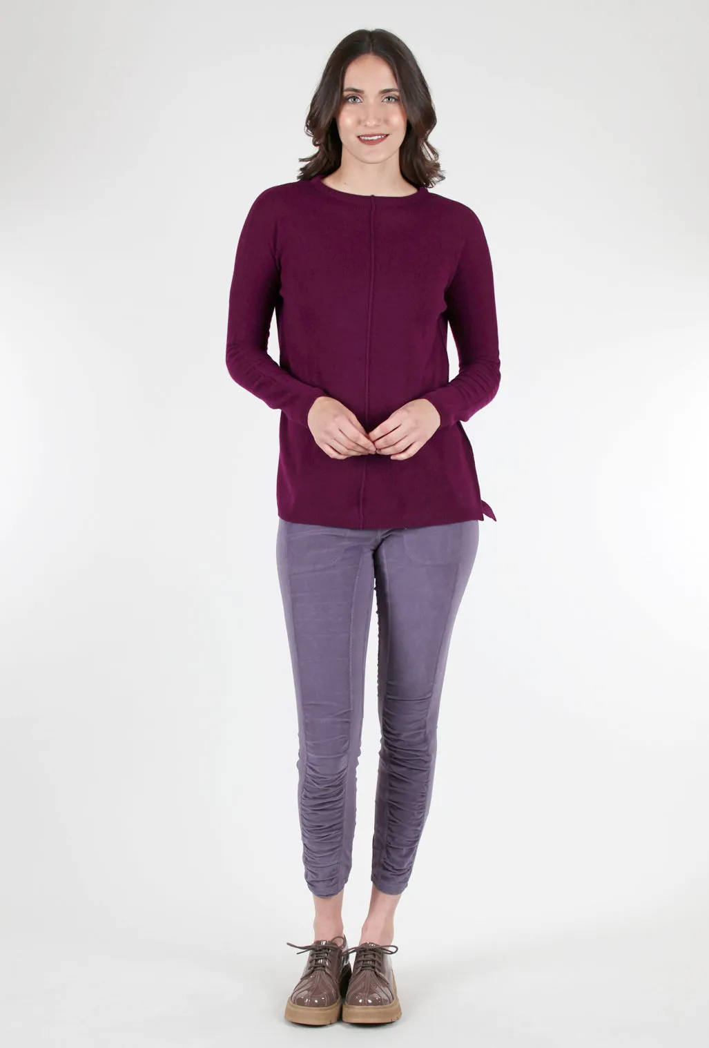Versatile use Seamed Easy Cashmere Pullover, Plum