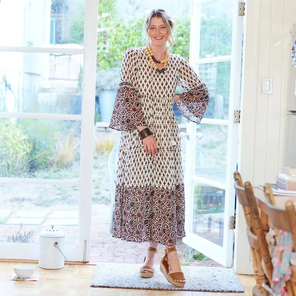 Vintage Glam Julia Ecru and Black Bohemian Tiered Dress