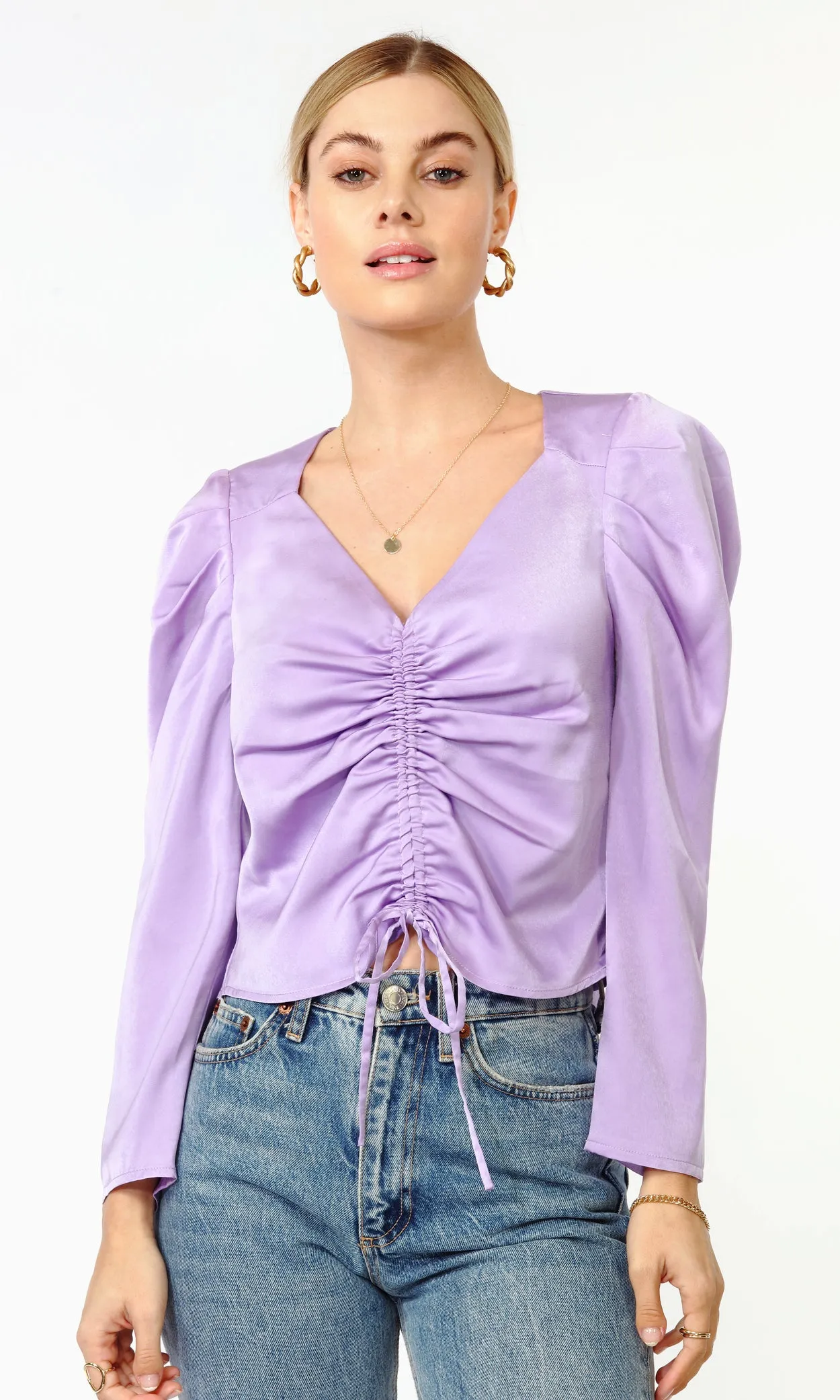 Violeta Ruched Puff Sleeve Satin Top Elegant Cuts