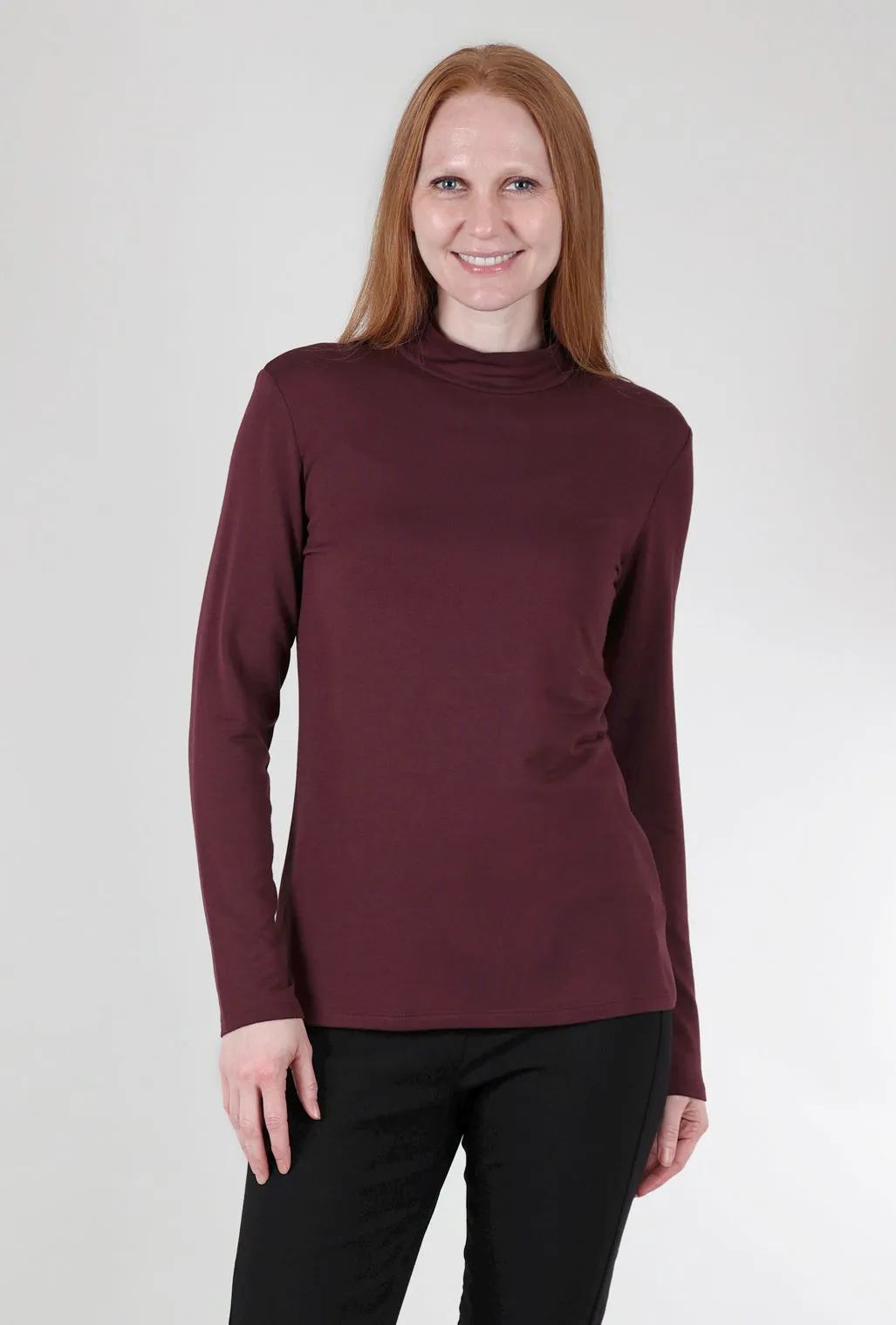Essential Jersey Mock Neck, Burgundy cashmere texture height-enhancing