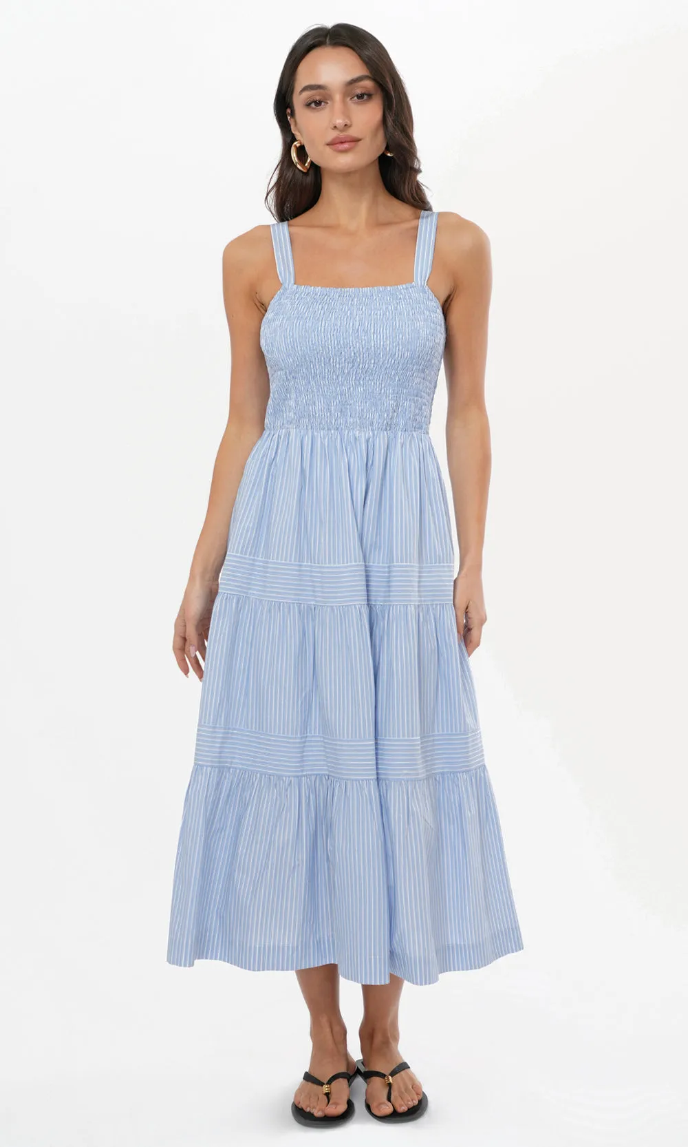 Water Resistant Lisa Stripe Tiered Smocked Midi Dress