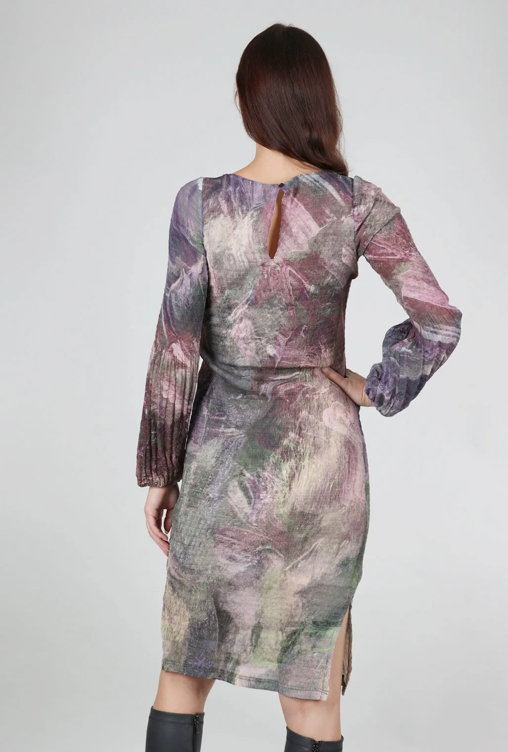 Watercolor Puff-Sleeve Dress, Mauve Mix Elegant Style