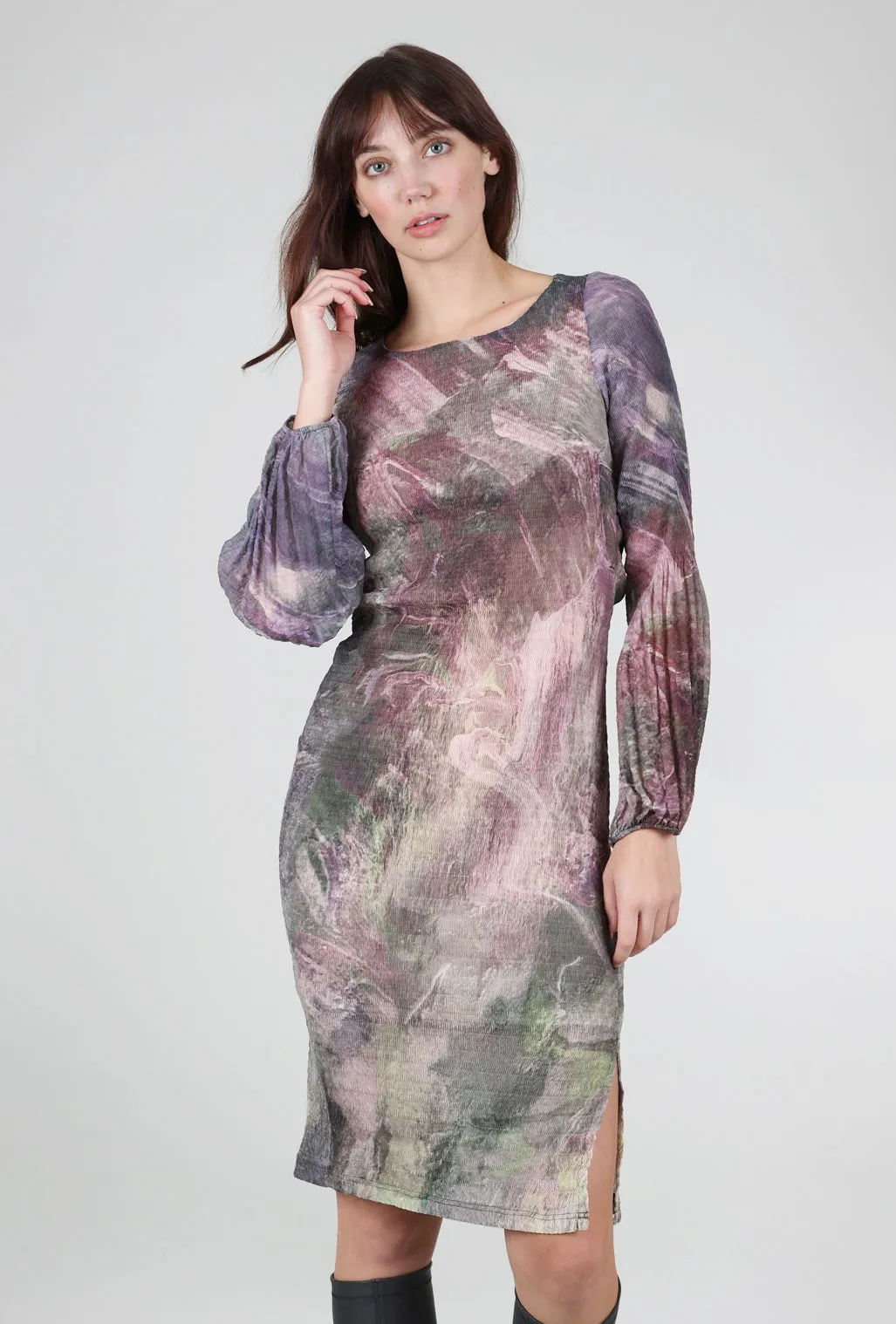 Watercolor Puff-Sleeve Dress, Mauve Mix Walk Mood Edgy vibes