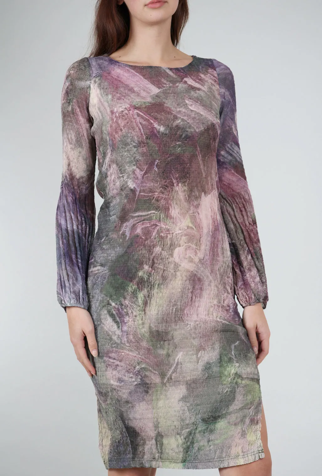 Watercolor Puff-Sleeve Dress, Mauve Mix Elegant Style
