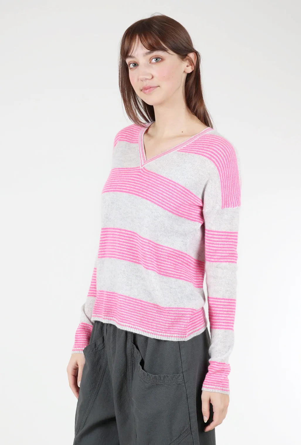 Weekender Neon Stripe Cashmere V-Neck, Neon Pink/Gray
