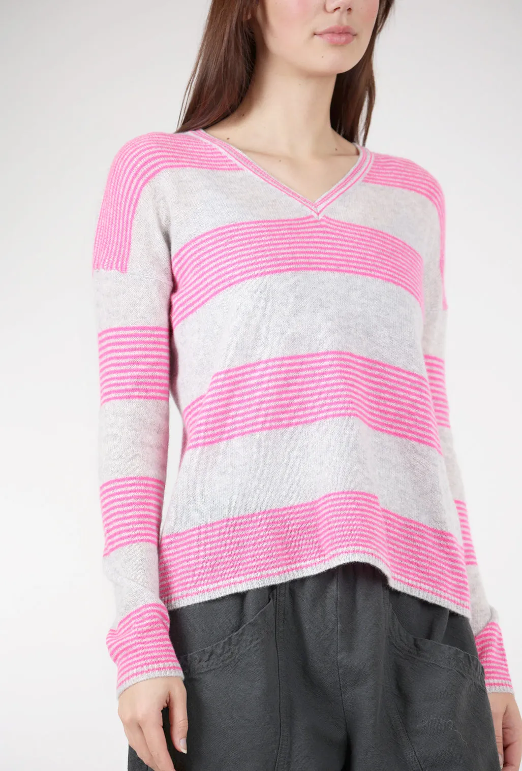 Weekender Neon Stripe Cashmere V-Neck, Neon Pink/Gray