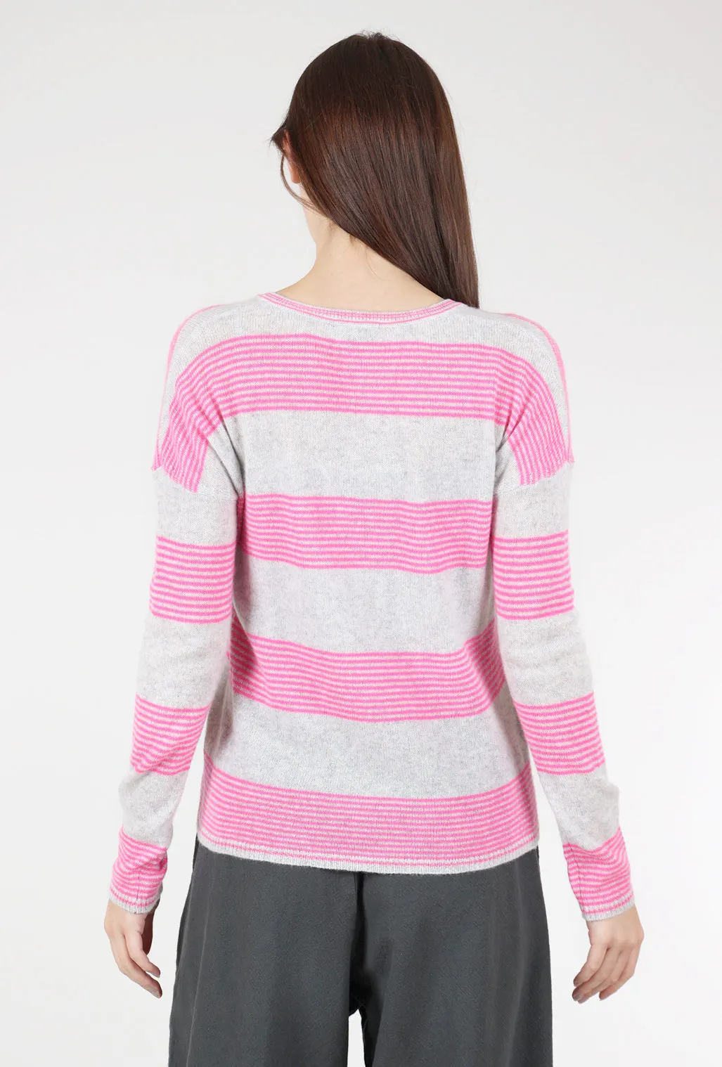 Weekender Neon Stripe Cashmere V-Neck, Neon Pink/Gray