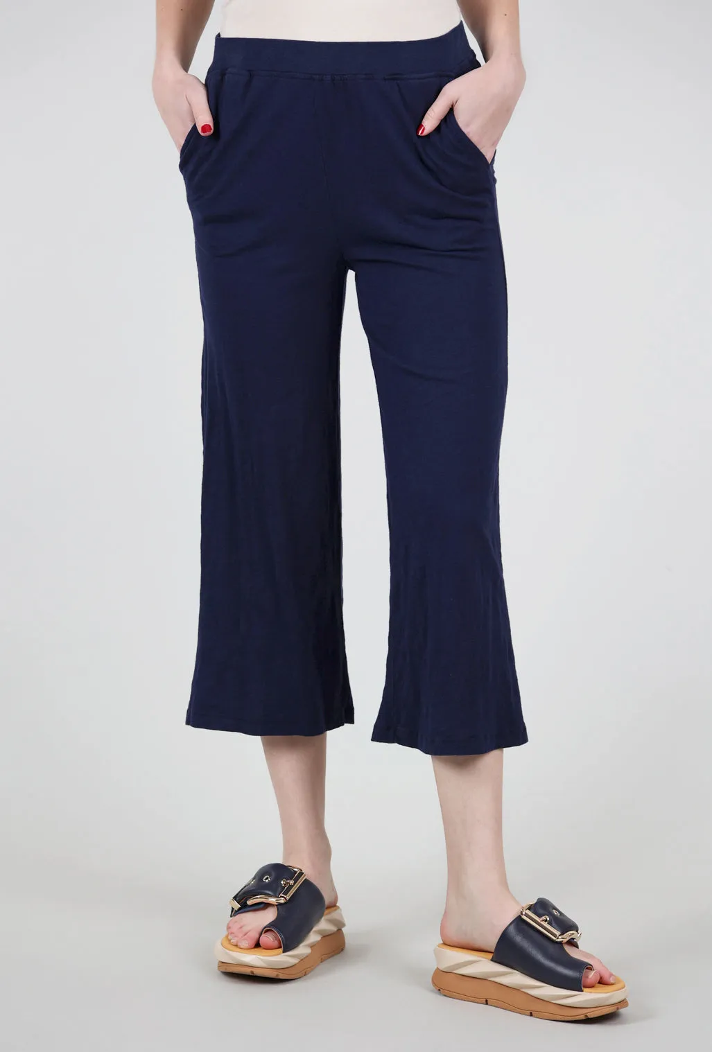 Wide Leg Crop Pants, Navy Bold Waistband Tailored Fit