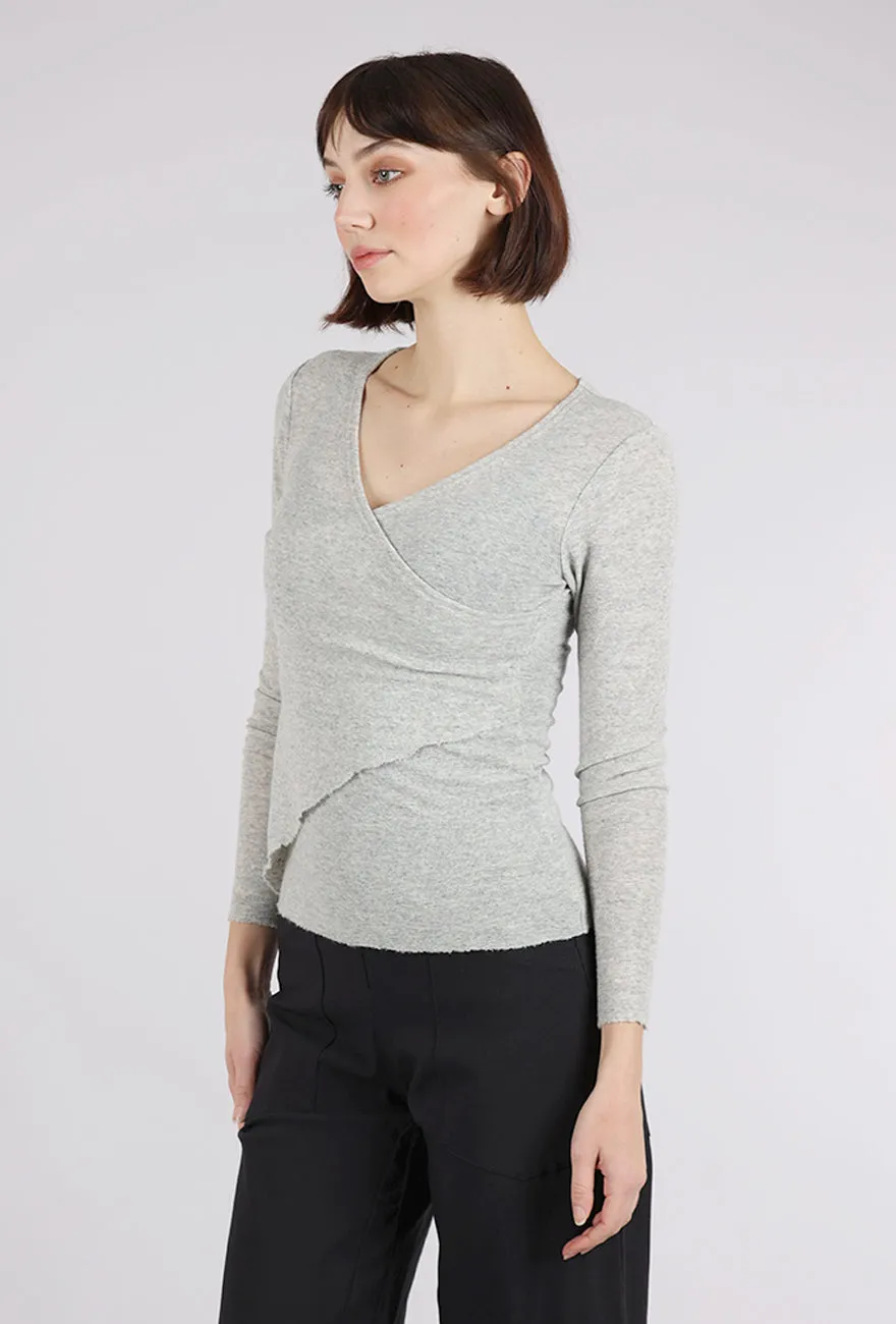 Wool Asym Trim Top, Dawn Gray V-neck Slimming